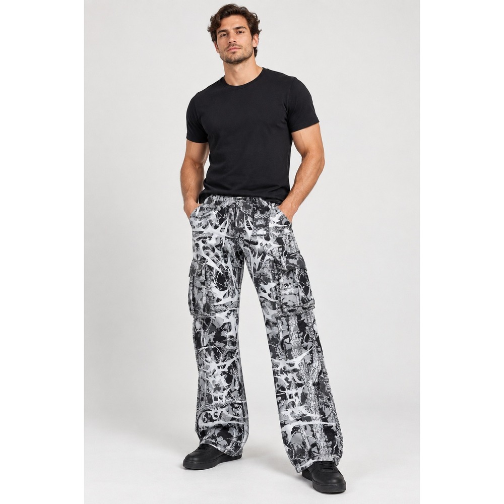Rebel Vengeance Woven Tapestry Cargo Pants Black White Camo Streetwear Mens 28